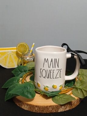 Rae Dunn White Ceramic Mug with Yellow Lemon Accents - "Main Squeeze" NWT